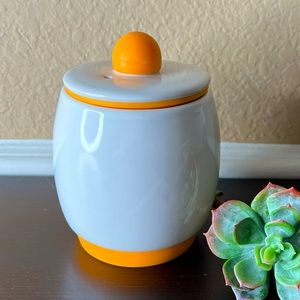 Vintage White Ceramic, Yellow/ Orange Sugar Bowl, Dish, Honey Jar, Pot, candy